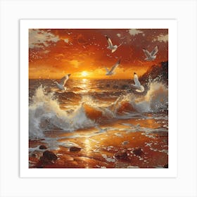 Seagulls At Sunset, In Warm Colors, Impressionism, Surrealism Art Print