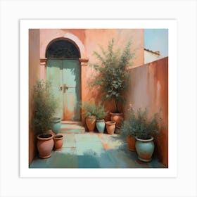 Abstract Oil Paindting Featuring An Italian Courtyard Garden Pots Of Terracotta And Olive Green Art Print