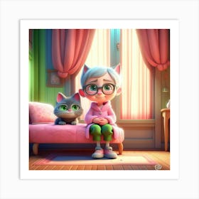 Cat And A Girl Art Print