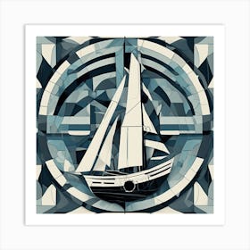 Exploration Ship Monochrome Cubism Style Art Print