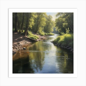 A realistic oil painting of a river, capturing the play of light and shadow on the water's surface and the intricate textures of the surrounding landscape. Art Print