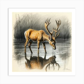 Deer In Water 16 Art Print