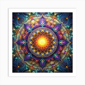 Colorful Mandala With Floral Designs And Sunburst Center Art Print