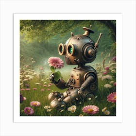 Robot With Flowers Art Print