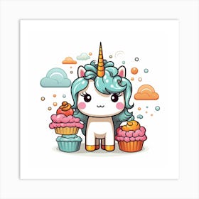 Cute Unicorn With Cupcakes 1 Art Print