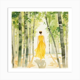 Woman In Yellow Dress Walking In The Forest Art Print