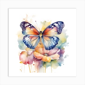 Butterfly  On Petals Watercolor  Art Print