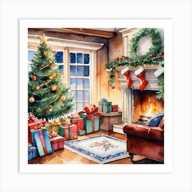 Christmas Presents Under Christmas Tree At Home Next To Fireplace Watercolor Trending On Artstatio (1) Art Print