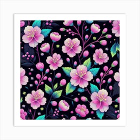 Pink Flowers On Black Background Art Print