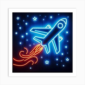 Neon Airplane On A Dark Background Art Print