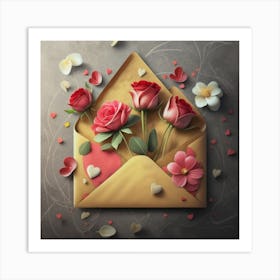 An open red and yellow letter envelope with flowers inside and little hearts outside 1 Art Print