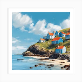 Cornish Cove with Beach Huts in Summer Art Print