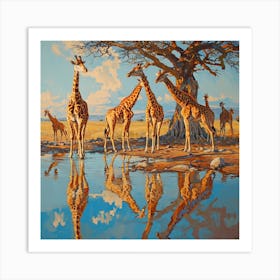 Herd Of Giraffes Reflection In The Lake Art Print