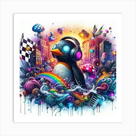 Penguin With Headphones 2 Art Print