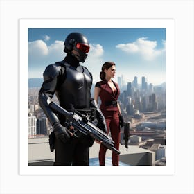 The Image Depicts A Woman In A Black Suit And Helmet Isstanding In Front Of A Large, Modern Cityscape 2 Art Print