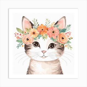 Floral Baby Cat Nursery Illustration (1) Art Print