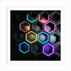 Hexagonal shapes with neon lights, futuristic, cyberpunk, background 14 Art Print