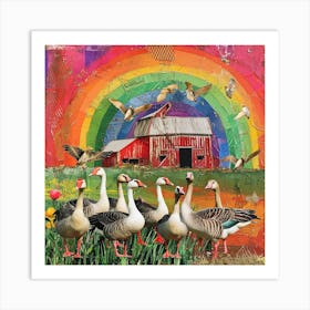Geese By The Barn Collage Art Print