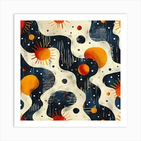 Abstract Cosmic Pattern With Wavy Lines Suns Planets And Stars On A Dark Background Art Print