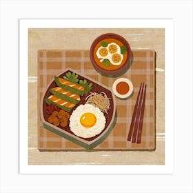 Japanese Bento Box With Rice, Vegetables, And Soup Art Print