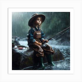 Little Girl Fishing In The Rain 3 Art Print