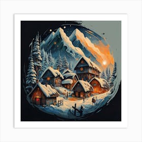 Abstract painting of a mountain village with snow falling 30 Art Print