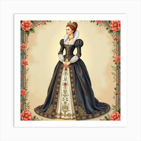 Queen Elizabeth I In Watercolor, Detailed Fabric, Elegant Background 1 Art Print