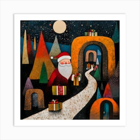 Whimsical Santa Claus Pathway Art Abstract Christmas Night With Gifts And Festive Trees Art Print