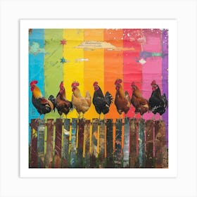 Rainbow Retro Chickens On The Fence 2 Art Print