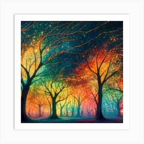 A captivating scene of trees that appear to be alive, with twinkling lights and vibrant 15 Art Print