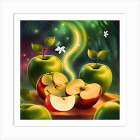 Apple Trees In The Forest, Isolated apples. green and red apples fruit with slice (cut) isolated with clipping path , kitchen decor, living room decor, food art decor. Art Print