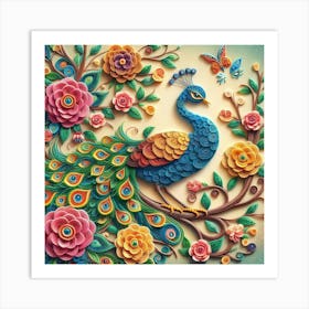 Peacock on flower branch 3 Art Print