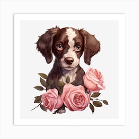 Dog With Roses Art Print