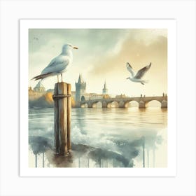 Seagulls On A Post Art Print