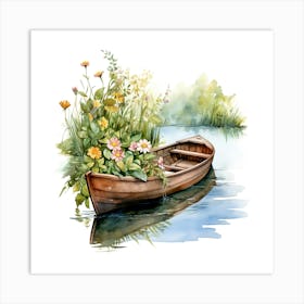 Watercolor Boat With Flowers 1 Art Print