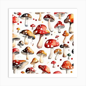 Watercolour Red Mushrooms pattern Art Print