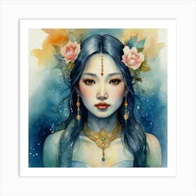 Chinese Girl The Magic of Watercolor: A Deep Dive into Undine, the Stunningly Beautiful Asian Goddess 1 Art Print