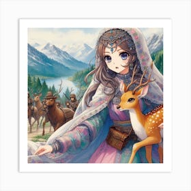 Gorgeous mountain girl with deer and escape Art Print