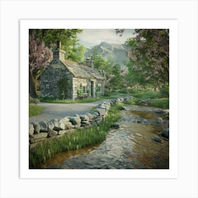 Cottage By A Stream Art Print