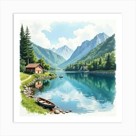 Charming Italian Artist In Watercolor, Painting A Serene Lake Scene In Lombardy Art Print