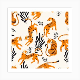 White Tiger Pattern With Floral Decoration On White Square Art Print