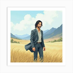 Keanu Reeves In A Tranquil Watercolor Landscape With Distant Mountains 1 Art Print