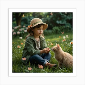 Little Girl With Cat In The Garden Art Print