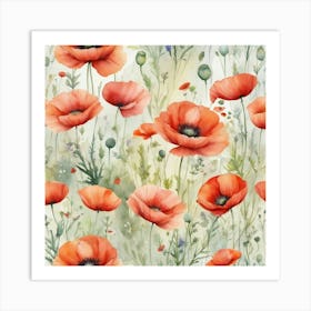 Wildflowers Watercolor Field Drawing Summer Popp (3) Art Print