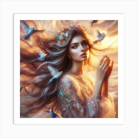 Beautiful Girl With Birds Art Print