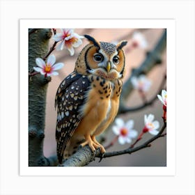 Owl Perched On Blooming Tree 1 Art Print