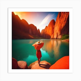 Woman In Red Hat Standing By A Lake Art Print