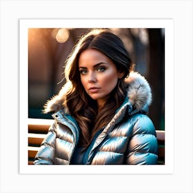 Beautiful woman in down jacket sitting on a bench Art Print