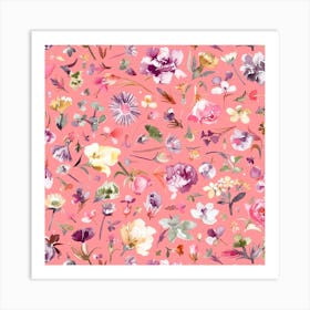 Flower Buds Coral Pink Square Art Print