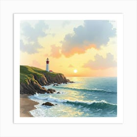 An English Coastal Scene With A Gentle Sunset And A Lighthouse, Watercolor Style 1 Art Print